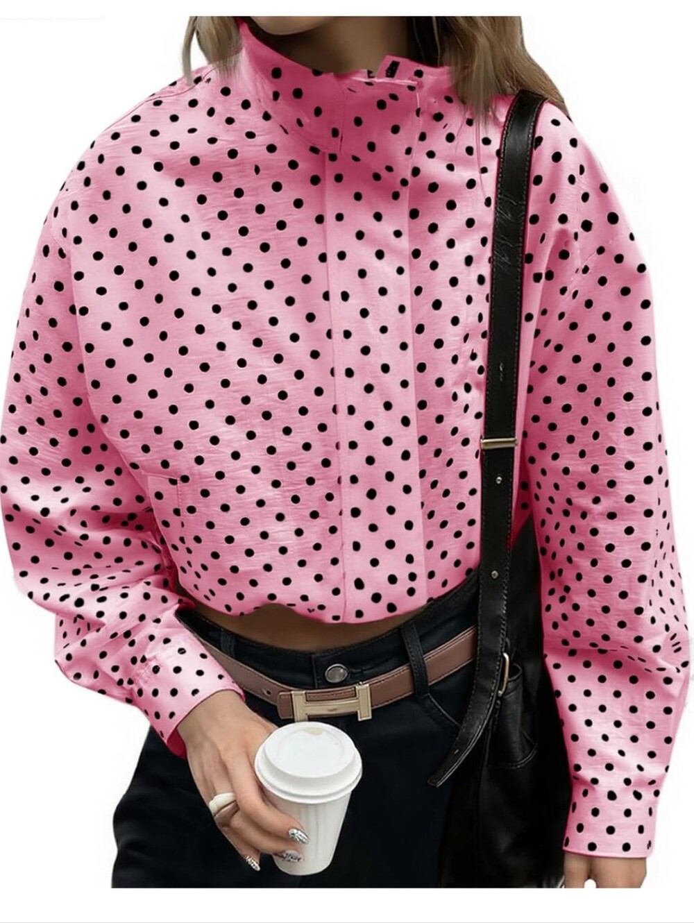 Pink Polka Dot Zip Front Jacket with High Collar